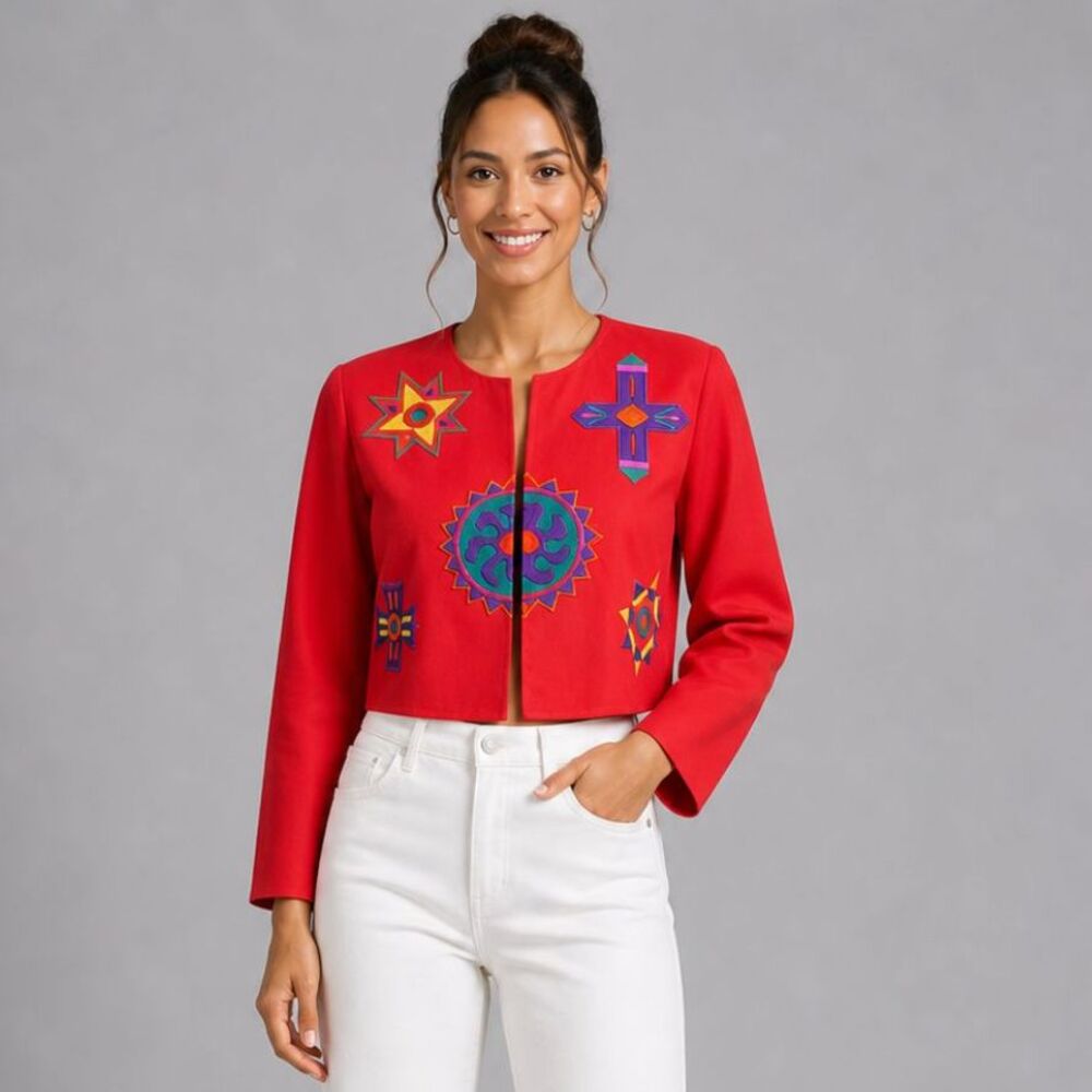 Vintage Deborah Laws Red Embroidered Mexican Tourist Jacket Art to Wear Size 6